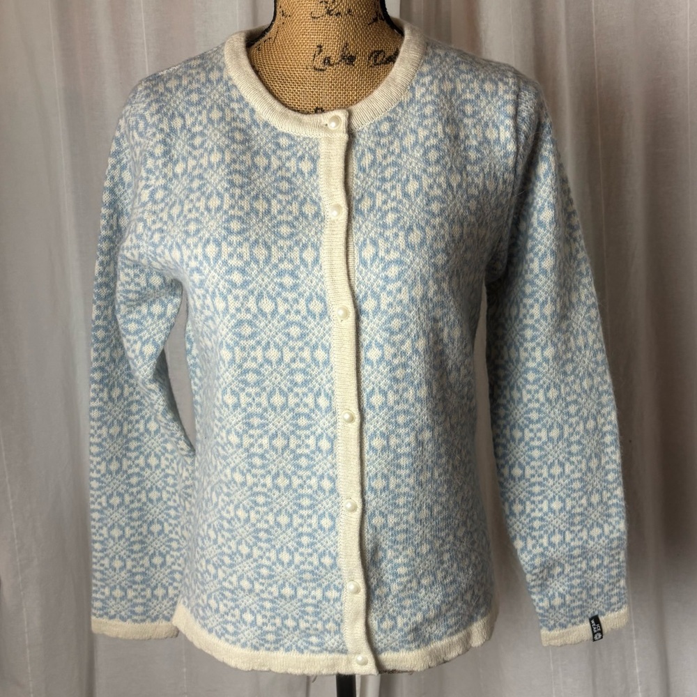 Icewear Iceland Women's Blue White Button Up Angora Wool Cardigan Size Small